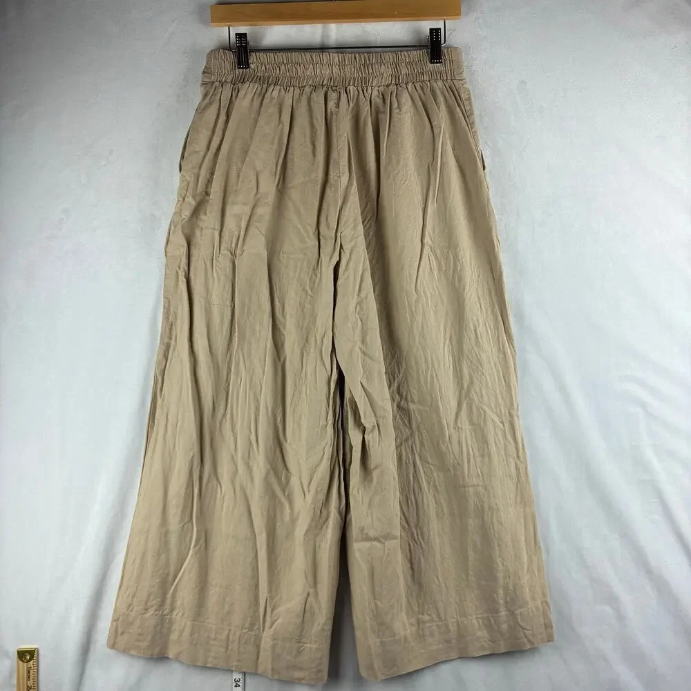 New York & Company Wide Leg Crop Pants Women's Medium Beige Linen Minimalist